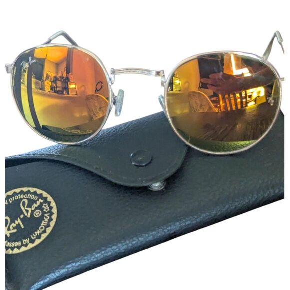 Ray-Ban RB3447 Round Metal Matte Gold Orange Flash Mirror Sunglasses 50mm